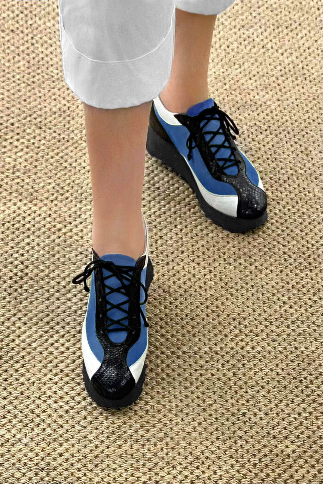 Satin black, electric blue and off white women's elegant sneakers. Round toe. Low rubber soles. Worn view - Florence KOOIJMAN